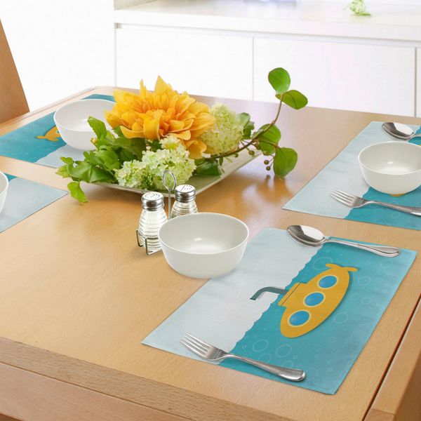 Abakuhaus Tovagliette Sottovaso Giallo Sottomarino, Illustrazione Del Sottomarino Con Bolle Sotto Il Motivo Marino, Tiscjdeco In Tessuto Resistente Al Lavaggio Per La Sala Da Pranzo E La Cucina, Marrone Giallo Azzurro-image