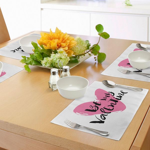 Tovagliette Abakuhaus Per San Valentino, "Be My Valentine"" Con Romantica Caricatura Raffigurante Un Cuore E Una Coppia Innamorata, Decorazione Da Tavola In Tessuto Resistente Ai Colori Per La Sala Da Pranzo E La Cucina, Nero E Rosa"-image