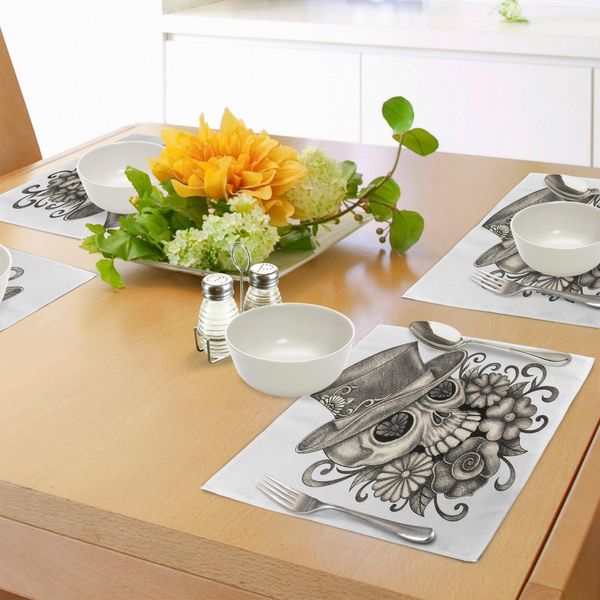 Abakuhaus Tovagliette Del Giorno Dei Morti, Disegno Della Festa Messicana-Spagnola Con Teschi E Fiori, Tiscjdeco In Tessuto Resistente Ai Colori Per La Sala Da Pranzo E La Cucina, Bianco-image