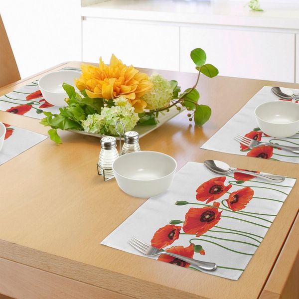 Tovagliette Abakuhaus Con Motivi Floreali, Papaveri Primaverili, Fiori Pastorali, Bouquet Botanico, Tema Natura, Tessuto Lavabile, Decorazione Per Tavola Da Pranzo E Cucina, Stampa Digitale, Verde E Rosso.-image