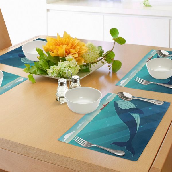 Tovagliette Abakuhaus Wal, Enorme Balena Bianca Sotto L'oceano Con Marinaio Sull'acqua Con Raggi Di Sole Stampati, Tiscjdeco In Tessuto Resistente Al Lavaggio Per La Sala Da Pranzo E La Cucina, Bianco E Blu-image