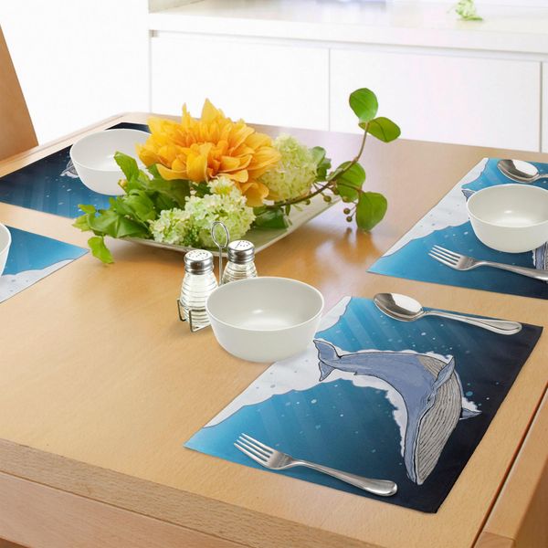 Tovagliette Abakuhaus Wal, Caricatura Di Una Balena Che Nuota Nell'oceano Con Pesci Vicino A Palm Island Environment, Tiscjdeco In Tessuto Resistente Al Colore Per La Sala Da Pranzo E La Cucina, Multicolore-image