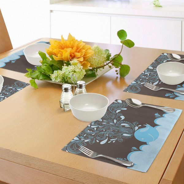 Tovagliette Abakuhaus Wal, Baloon Come Una Balena Nell'oceano Con Bolle, Immagine Tribale Batik In Stile Cartone Animato, Tiscjdeco In Tessuto Resistente Al Colore Per La Sala Da Pranzo E La Cucina, Marrone E Blu-image