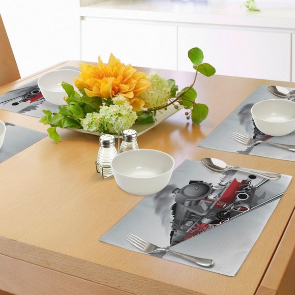 Abakuhaus Tovagliette Con Motivo A Locomotiva A Vapore, Locomotiva Rossa E Nera Su Binari In Acciaio, Stampa Grafica Travel Adventure, Tiscjdeco In Tessuto Resistente Al Lavaggio Per Sala Da Pranzo E Cucina, Grigio E Rosso-image