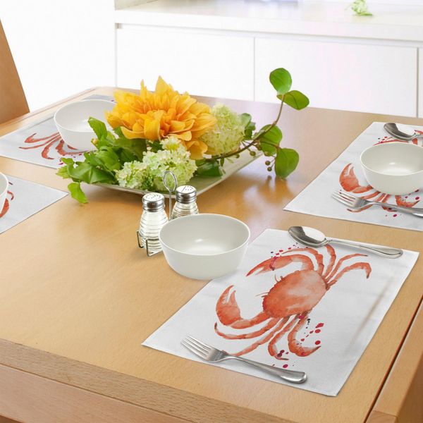 Tovagliette Abakuhaus Con Motivo A Granchi, Tema Marino Con Effetto Acquerello, Grande Granchio Su Sfondo Bianco, Tovaglietta Decorativa In Tessuto Resistente Ai Colori Per La Sala Da Pranzo E La Cucina, Rosso Cinabro.-image