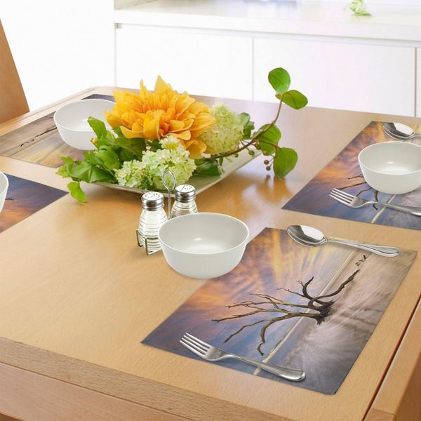 Abakuhaus Tovagliette In Legno Galleggiante, Tema Vista Mare - Albero Morto - Legno Galleggiante Nell'oceano Al Tramonto - Stampa Paesaggistica, Decorazione Da Tavola In Tessuto Resistente Al Lavaggio Per Sala Da Pranzo E Cucina, Arancione E Beige-image