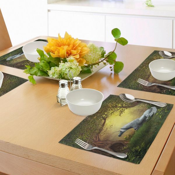 Abakuhaus Tovagliette Unicorno, Fantasia Incantata Della Foresta - Alberi Magici Di Salice - Fiori Selvatici - Animali Della Foresta - Folklore, Tiscjdeco In Tessuto Resistente Al Lavaggio Per La Sala Da Pranzo E La Cucina, Bianco Verde-image