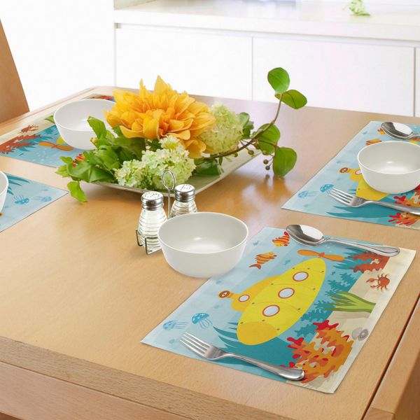 Abakuhaus Tovagliette Sottovaso Giallo Sottomarino, Tema Vita Marina Con Pesci Sottomarini E Stampa Illustrazione Granchio, Decorazione Da Tavola In Tessuto Resistente Al Lavaggio Per Sala Da Pranzo E Cucina, Azzurro Giallo-image