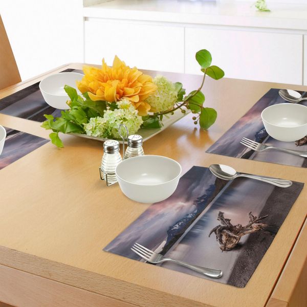Abakuhaus Tovagliette In Legno Galleggiante, Legno Galleggiante Sulla Costa Con Riflessi Delle Montagne Nel Lago - Immagine Digitale, Tiscjdeco In Tessuto Resistente Al Colore Per La Sala Da Pranzo E La Cucina, Sequoia-image
