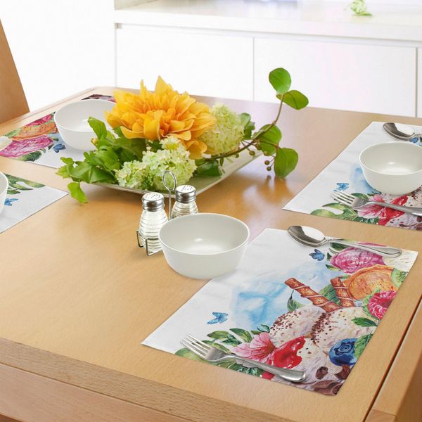 Abakuhaus Tovagliette Tropicali, Fiori E Farfalle Con Salsa Di Bacche Eis E Dessert Al Cioccolato Estivo, Tiscjdeco In Tessuto Resistente Al Lavaggio Per La Sala Da Pranzo E La Cucina, Multicolore-image