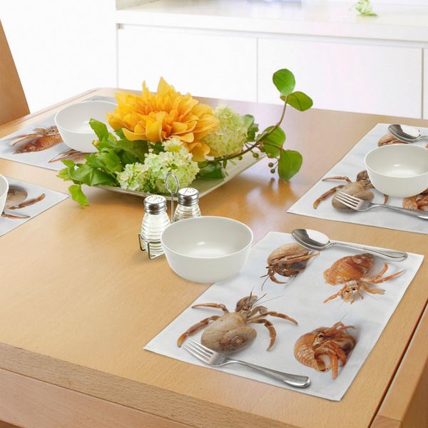Tovagliette Abakuhaus Con Motivo A Granchi, Tema Sea Animals Motivo A Granchi Eremiti Dei Caraibi Stampa Digitale, Tiscjdeco In Tessuto Resistente Al Lavaggio Per Sala Da Pranzo E Cucina, Calendula E Bianco-image