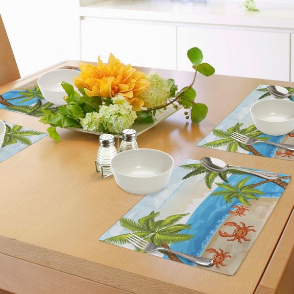 Tovagliette Abakuhaus Con Granchi, Illustrazione In Stile Caricaturale Di Palme E Granchi Su Sfondo Di Spiaggia E Cielo Nuvoloso, Tiscjdeco In Tessuto Resistente Al Lavaggio Per Sala Da Pranzo E Cucina, Beige Acquamarina-image