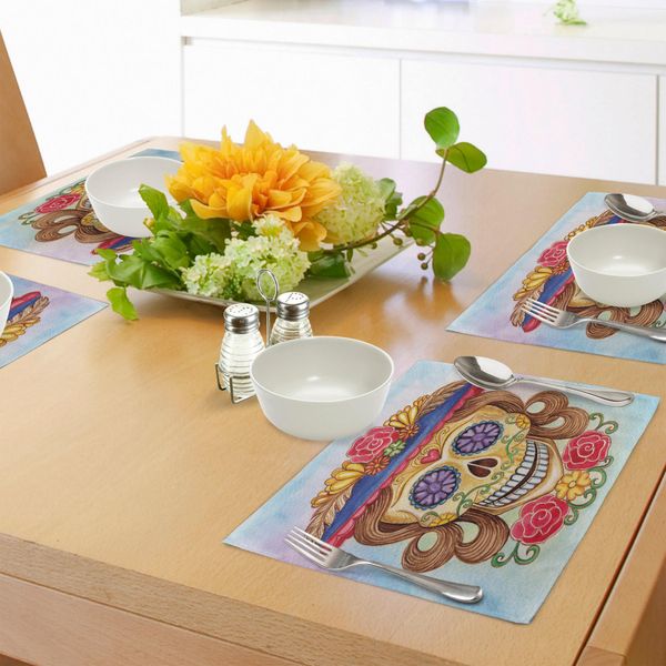 Abakuhaus Tovagliette Giorno Dei Morti, Simpatica Signora Mommy Skull Head Con Cappello Di Fiori, Stampa Artistica Spagnola E Messicana, Tiscjdeco In Tessuto Resistente Al Lavaggio Per La Sala Da Pranzo E La Cucina, Multicolore-image