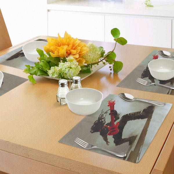 Abakuhaus Tovagliette Fantasia, Chitarrista Rock Che Suona Il Basso Facendo Headbanging Hipster Rock Display Occhi Rossi Stampa Artistica, Tiscjdeco In Tessuto Resistente Al Colore Per La Sala Da Pranzo E La Cucina, Grigio Rosso-image