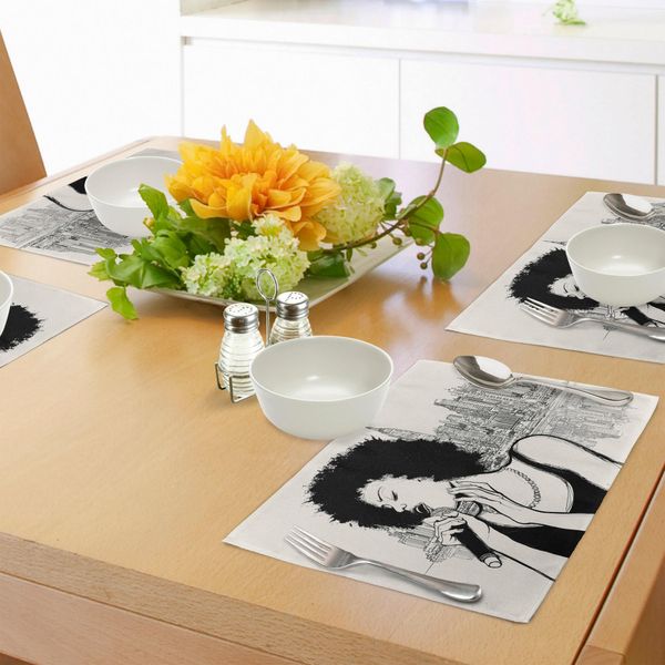 Abakuhaus Tovagliette Africane, Ragazza Americana Che Suona Jazz Davanti All'illustrazione Di Manhattan A New York, Tiscjdeco In Tessuto Resistente Ai Colori Per La Sala Da Pranzo E La Cucina, Nero Grigio-image