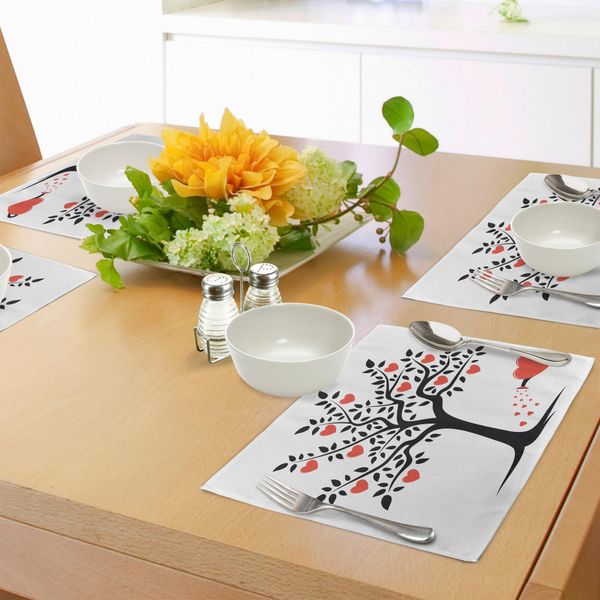 Abakuhaus Tovagliette Di San Valentino, Tema Amore, Albero Con Cuore, Romanticismo, Frutta, Foglie, Foresta, Coppia, Tiscjdeco In Tessuto Resistente Al Lavaggio Per Sala Da Pranzo E Cucina, Rosso Cinabro, Nero-image