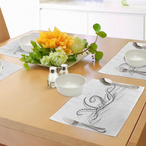Tovagliette Abakuhaus Kraken, Creatura Mitica E Leggendaria Con Tentacoli Su Un'illustrazione Fantasiosa Di Onde Marine, Tiscjdeco In Tessuto Resistente Al Lavaggio Per La Sala Da Pranzo E La Cucina, Bianco E Nero-image
