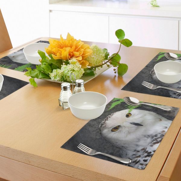 Tovagliette Abakuhaus Magier, Motivo White Owl, Tema Animali, Foglie Verdi, Occhi Color Ambra, Stampa Stregoneria, Decorazione Da Tavola In Tessuto Resistente Al Lavaggio Per Sala Da Pranzo E Cucina, Bianco, Nero, Verde-image
