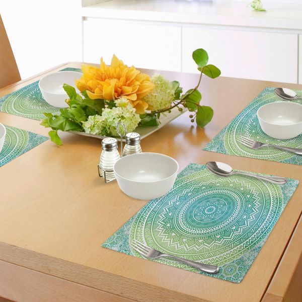 Abakuhaus Tovagliette Blu-Verde E Lime, Motivo Etnico Mandala Sfumato Con Fiori E Petali In Stile Hippie, Tiscjdeco In Tessuto Resistente Al Lavaggio Per La Sala Da Pranzo E La Cucina, Bianco Verde Acqua E-image