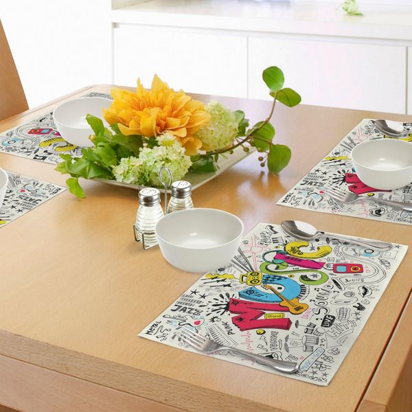 Tovagliette Musicali Abakuhaus, Stile Scarabocchiato, Sfondo Musicale Pop Art Con Illustrazioni Di Strumenti Musicali, Tovagliette Decorative In Tessuto Resistente Ai Colori Per La Sala Da Pranzo E La Cucina, Multicolore-image