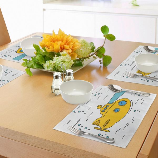 Abakuhaus Tovagliette Sottovaso Giallo Sottomarino, Avventura Nautica Nell'oceano Bolle Sottomarine Oblò Cartone Animato Bambini, Tiscjdeco In Tessuto Resistente Al Colore Per Sala Da Pranzo E Cucina, Giallo Bianco Blu-image