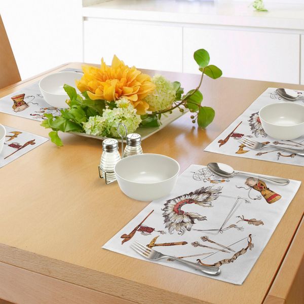 Tovagliette Tribali Abakuhaus, Tribù Tomahawk Etnica - Capo Nativo Dreamcatcher - Piuma - Motivo Antico - Immagine, Tiscjdeco In Tessuto Resistente Al Lavaggio Per La Sala Da Pranzo E La Cucina, Calendula Beige-image