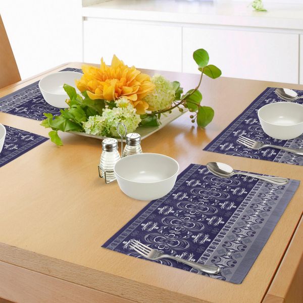 Abakuhaus Tovagliette Blu Navy, Motivo Tribale Etnico Floreale Orizzontale, Grafica, Tiscjdeco In Tessuto Resistente Al Lavaggio Per Sala Da Pranzo E Cucina, Azzurro, Blu Scuro E Bianco-image