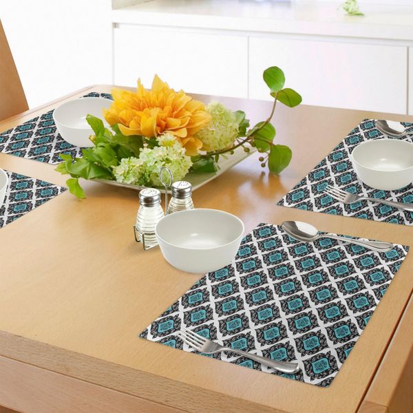 Tovagliette Abakuhaus, Stile Barocco Vittoriano Antico Rinascimentale Con Motivi Grafici Sullo Sfondo, Tiscjdeco In Tessuto Resistente Ai Colori Per La Sala Da Pranzo E La Cucina, Bianco, Nero, Acquamarina-image