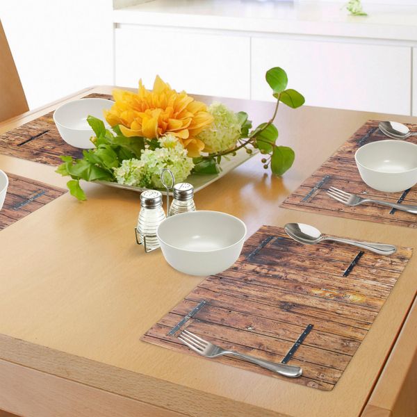 Abakuhaus Tovagliette Rustiche, Assi Di Legno Antico In Tonalità Invecchiate Con Chiusure Immagine Di Casa Di Campagna In Stile Vintage, Tiscjdeco In Tessuto Resistente Al Colore Per La Sala Da Pranzo E La Cucina, Crema-image