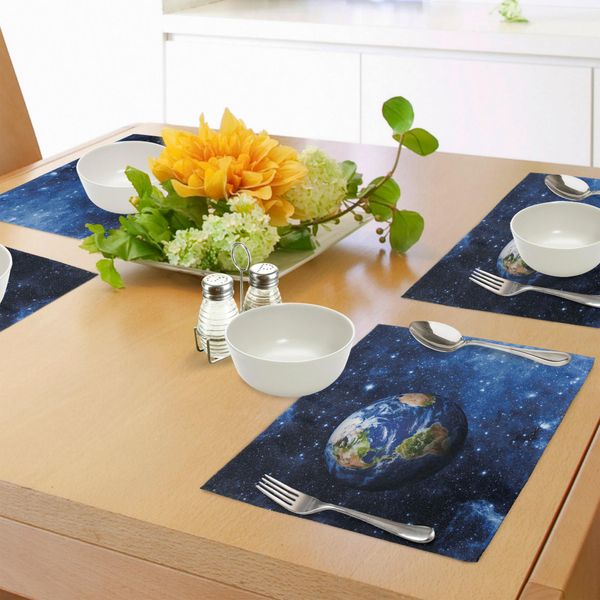 Abakuhaus Tovagliette, Vista Esterna Del Pianeta Terra Nel Sistema Solare Con Stelle E Vita Su Sfondo Sferico, Tiscjdeco In Tessuto Resistente Al Lavaggio Per Sala Da Pranzo E Cucina, Verde Blu-image