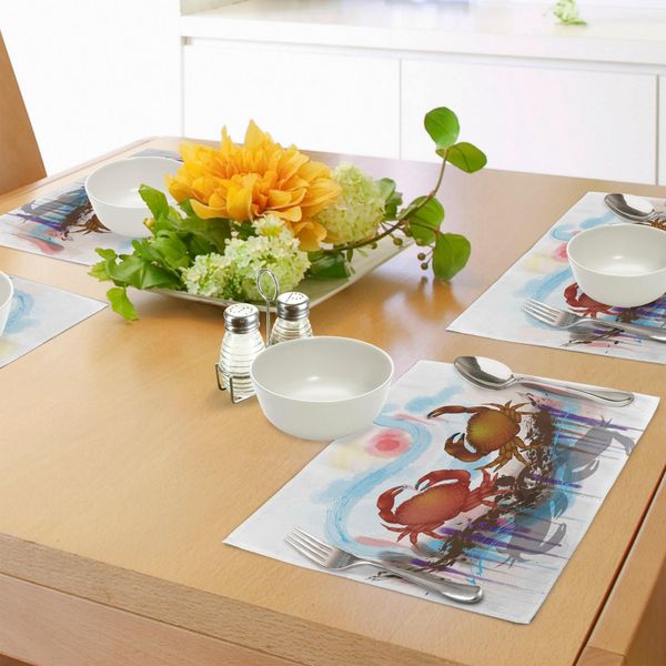 Tovagliette Abakuhaus Con Tema Animali Marini Due Granchi Che Danzano Su Uno Sfondo Astratto Grunge, Tovagliette Decorative In Tessuto Resistente Ai Colori Per La Sala Da Pranzo E La Cucina, Azzurro E Marrone.-image