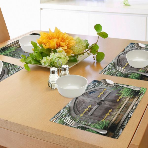 Tovagliette Rustiche Abakuhaus, Immagine Invecchiata Unica Con Porta Fiabesca Tradizionale Medievale, Tessuto Lavabile E Resistente Al Lavaggio Per Sala Da Pranzo E Cucina, Marrone Verde-image