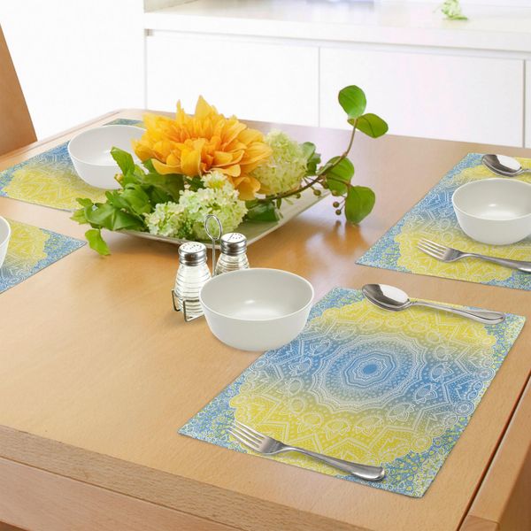 Abakuhaus Tovagliette Blu E Gialle, Design Mandala Sfumato, Motivo Esoterico Tribale Cinese Mystic Universe Print, Tiscjdeco In Tessuto Resistente Al Lavaggio Per La Sala Da Pranzo E La Cucina, Giallo Blu-image