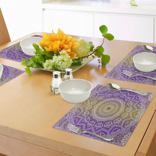 Abakuhaus Tovagliette Gialle E Viola, Mandala Ombre Tradizione Orientale Profonda Magia Mistica Sacra Nell'immagine Psichica Cosmica, Tiscjdeco In Tessuto Resistente Al Colore Per La Sala Da Pranzo E La Cucina, Viola-image