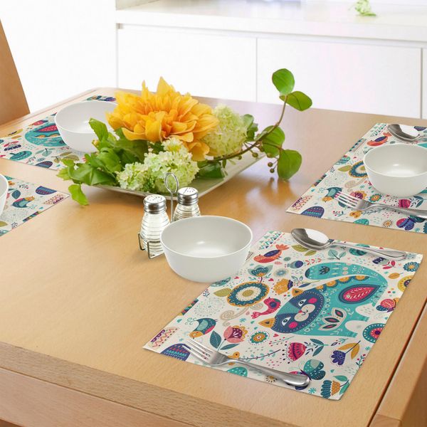Abakuhaus Tovagliette Con Gatto, Figura Di Gatto Con Uccelli, Fiori, Foglie, Alberi, Farfalle, Primavera, Illustrazione Elaborata, Tiscjdeco In Tessuto Resistente Al Lavaggio Per La Sala Da Pranzo E La Cucina, Multicolore-image