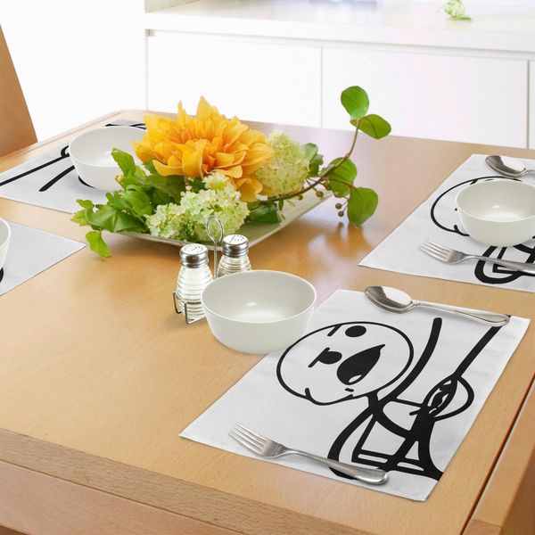 Tovagliette Umoristiche Abakuhaus, Divertente Stickman Sul Tavolo Con Espressione Scontrosa E Solitaria, Decorazione Da Tavola In Tessuto Resistente Al Lavaggio Per La Sala Da Pranzo E La Cucina, Bianco E Nero-image
