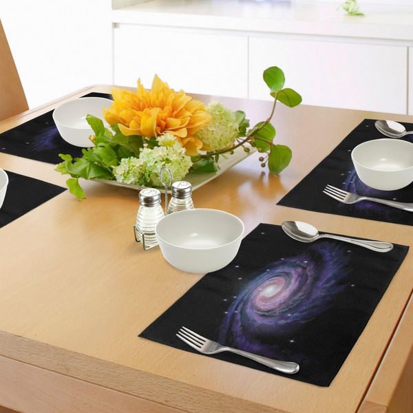 Tovagliette Abakuhaus Galaxis, Polvere Celeste Votex Galassia A Spirale Nebulosa Fantasia Scintille Plasma Stelle Pianeti Stampa, Tiscjdeco In Tessuto Resistente Al Lavaggio Per Sala Da Pranzo E Cucina, Viola Nero-image