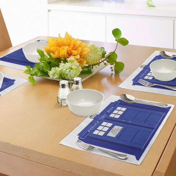 Abakuhaus Tovagliette Della Polizia, Medici Casa Blu Simbolo Britannico Cabina Telefonica Polizia Chiamata Immagine Stampa Artistica, Tiscjdeco In Tessuto Resistente Al Colore Per La Sala Da Pranzo E La Cucina, Bianco E Blu-image