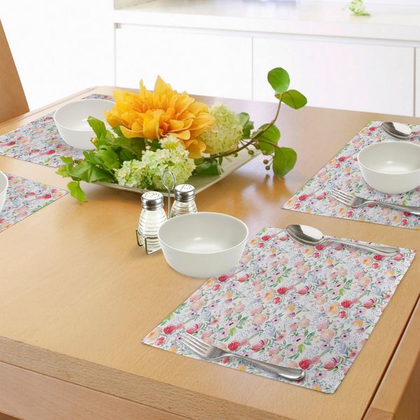 Tovagliette Abakuhaus Con Motivi Floreali, Effetto Acquerello Colorato, Primavera In Fiore Con Foglie, Design Country Inglese, Tiscjdeco In Tessuto Resistente Al Lavaggio Per Sala Da Pranzo E Cucina, Verde Rosa Rosso-image