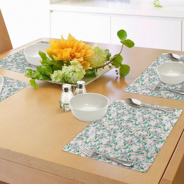 Tovagliette Abakuhaus Con Motivo Floreale, Rosa Con Fiori Di Ciliegio E Stampata Con Un Motivo Artistico Giapponese Primaverile Con Bombi, Tovaglietta Decorativa In Tessuto Resistente Al Lavaggio Per La Sala Da Pranzo E La Cucina, Verde Rosa-image