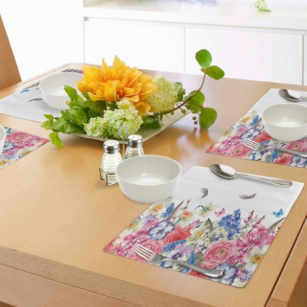 Abakuhaus Tovagliette Floreali, Corona Trasparente Con Immagine Di Narcisi, Giacinti, Camomilla, Gigli E Farfalle, Tiscjdeco In Tessuto Resistente Al Lavaggio Per La Sala Da Pranzo E La Cucina, Rosa E Blu-image