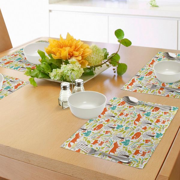 Tovagliette Abakuhaus Con Caricature, Volpe Selvatica Con Foglie, Fiori E Alberi Spogli, Stampa Artistica, Tiscjdeco In Tessuto Resistente Al Lavaggio Per Sala Da Pranzo E Cucina, Arancione, Verde E Blu-image