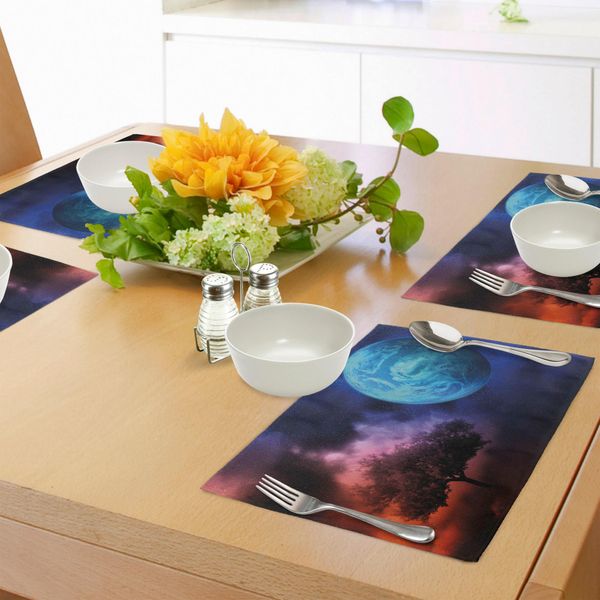 Abakuhaus Tovagliette, Tema Dell'albero Della Vita Con Immagine Mistica, Futuristica, Fantastica E Mitica Ispirata Alla Luna, Tiscjdeco In Tessuto Resistente Ai Colori Per La Sala Da Pranzo E La Cucina, Rosa Blu-image