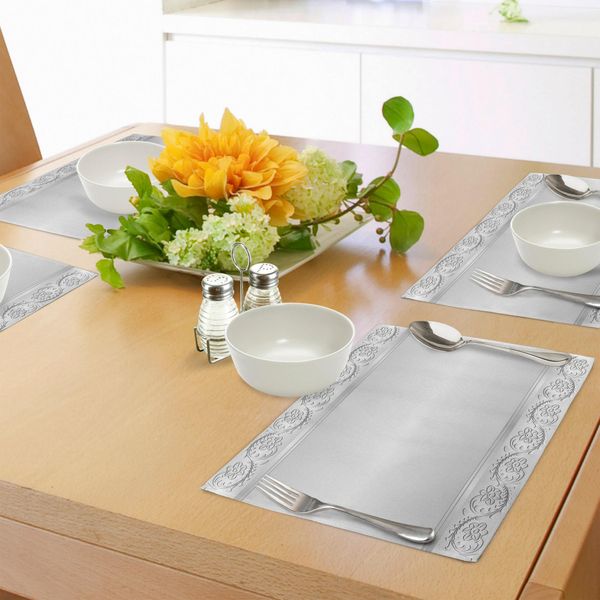 Tovagliette Abakuhaus Argento, Stile Vintage Ornamenti Floreali Fiori Con Foglie Ispirazione Classica Retrò Nuziale, Tiscjdeco In Tessuto Resistente Al Lavaggio Per Sala Da Pranzo E Cucina, Bianco Grigio-image