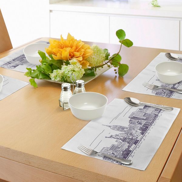 Tovagliette Abakuhaus New York, Vista Semplice E Fugace Della Statua Della Libertà, Simbolo Di Libertà, Ellis Island Print, Tiscjdeco In Tessuto Resistente Al Lavaggio Per La Sala Da Pranzo E La Cucina, Viola E Bianco-image