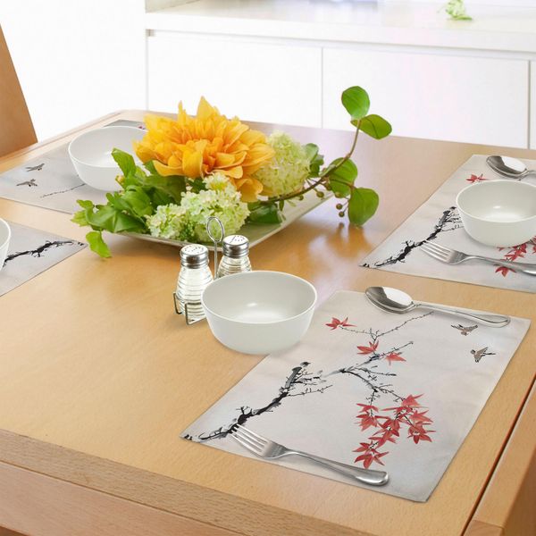 Tovagliette Giapponesi Abakuhaus, Rami Di Ciliegio In Fiore Sakura, Romantica Primavera Con Motivo Acquerellato, Tiscjdeco In Tessuto Resistente Al Lavaggio Per Sala Da Pranzo E Cucina, Nero Corallo Rosso-image