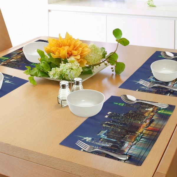 Tovagliette Abakuhaus New York, Foto Dello Skyline Di Midtown Nyc Al Tramonto Con I Grattacieli Della Metropoli, Tiscjdeco In Tessuto Resistente Ai Colori Per La Sala Da Pranzo E La Cucina, Blu Reale-image