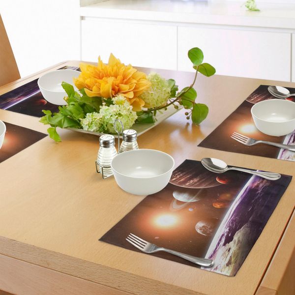 Tovagliette Abakuhaus Galaxis, Tema Spaziale Vista Dei Pianeti Di Earth Science Room Art Con Sole E Luna, Tiscjdeco In Tessuto Resistente Al Lavaggio Per La Sala Da Pranzo E La Cucina, Magenta Arancione-image