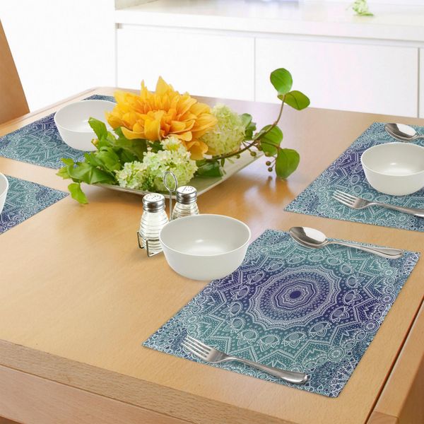 Abakuhaus Tovagliette Blu Navy E Verde Acqua, Diagramma Cosmico, Arte Mandala, Cerchio Religioso, Arte Etnica Ombre, Illustrazione, Tiscjdeco In Tessuto Resistente Al Lavaggio Per Sala Da Pranzo E Cucina, Blu Scuro Verde Acqua-image