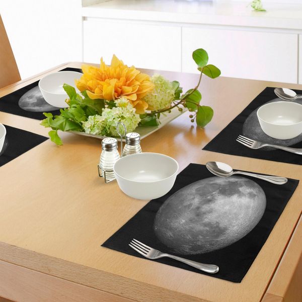 Tovagliette Abakuhaus Galaxis, Moon Graphic Image Trippy Rock Superficie Dettagliata Planet Astronomy Space Print, Tiscjdeco In Tessuto Resistente Al Lavaggio Per Sala Da Pranzo E Cucina, Nero Grigio-image